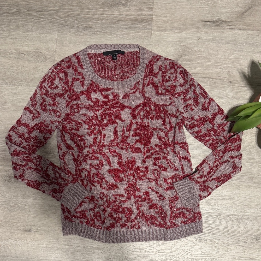 White House Black Market Red and Gray Sweater